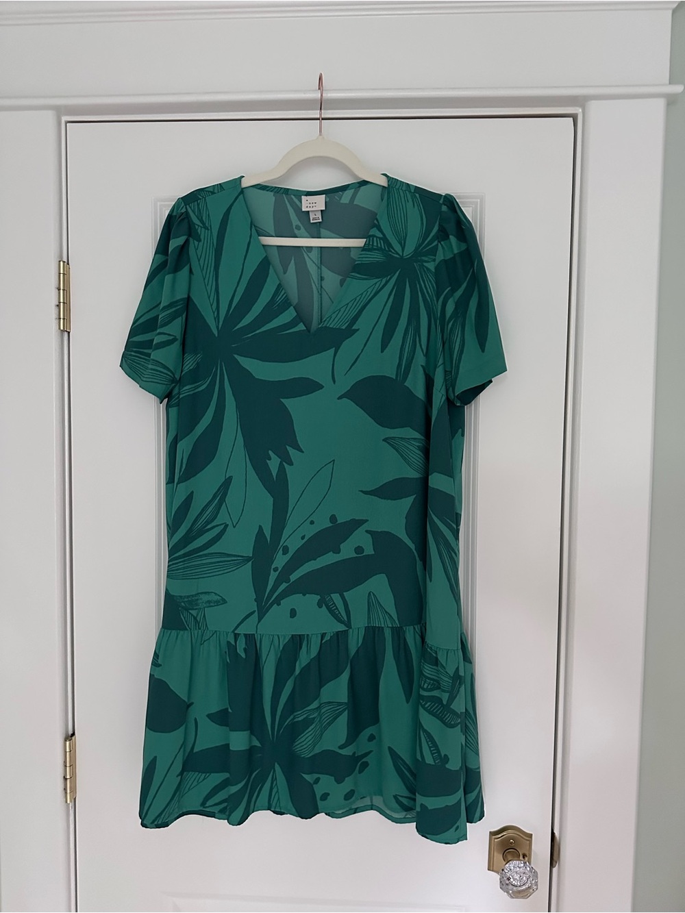 a new day Teal Green Tropical Print V-Neck Ruffle Hem Dress ~ Size L